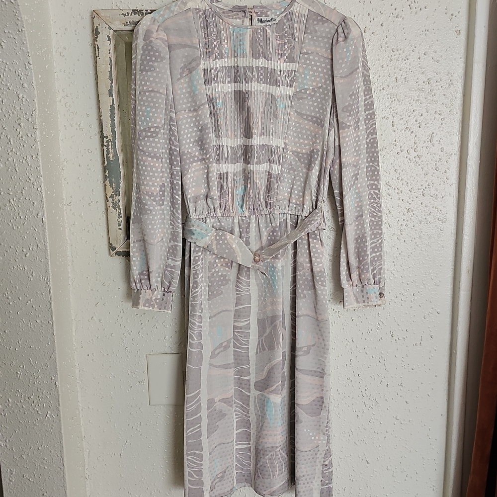 Vintage Silver Pleated Dress With Belt By Mavinette Size 14